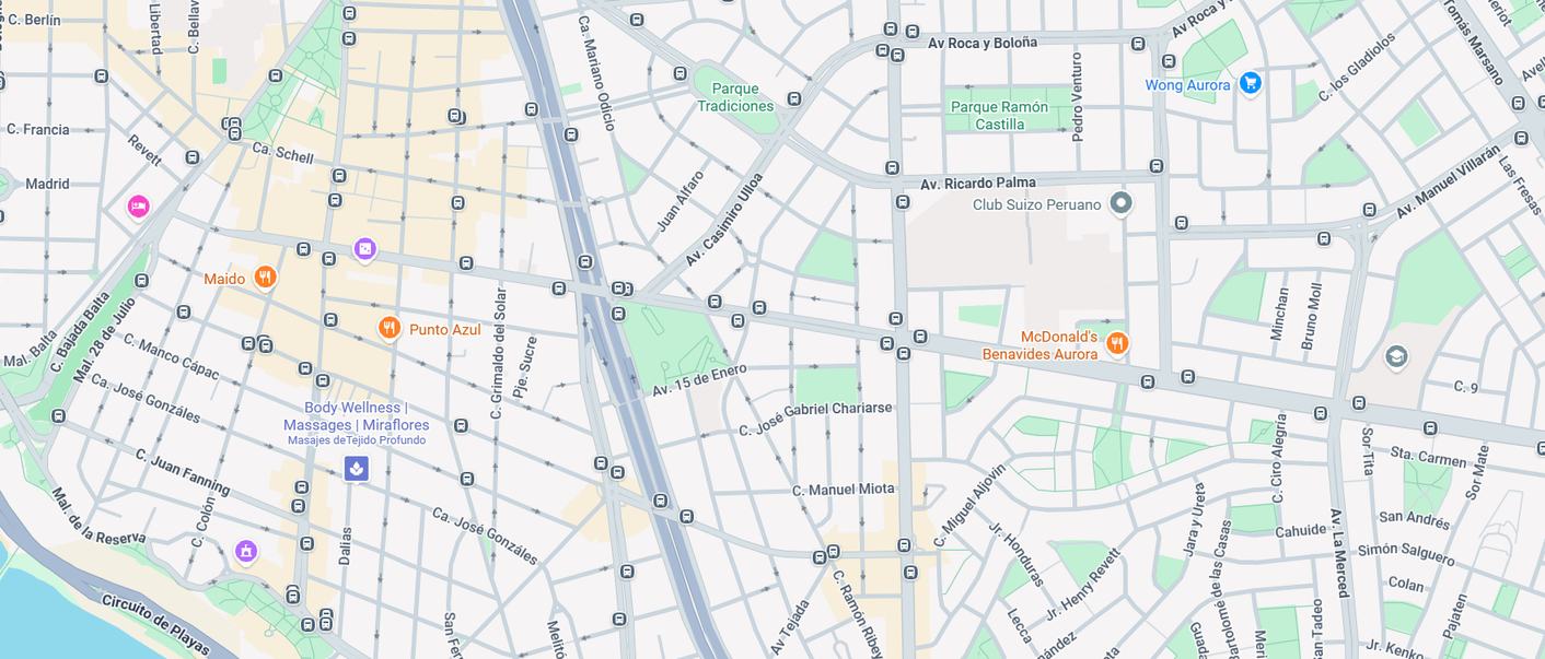 Map of Miraflores showing the practice at Av. Alfredo Benavides 1180